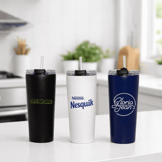 The Connor 600ml Vacuum Tumbler - Three vacuum tumblers in black, white, and navy blue, each with a straw and a logo on the front.