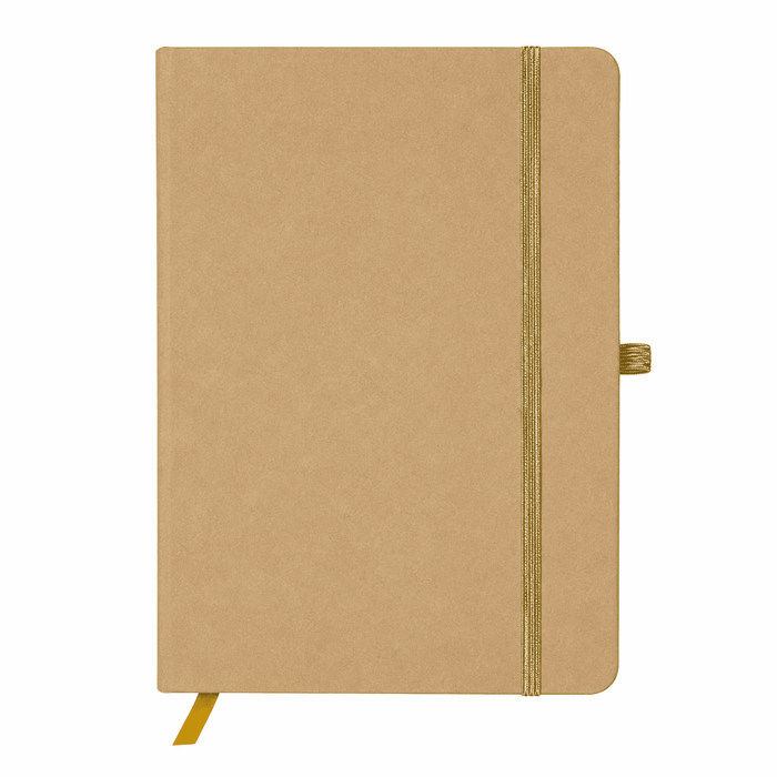 Discovery A5 Notebook - A cardboard-coloured A5 notebook featuring a textured cover, an elastic closure, and a bookmark ribbon.