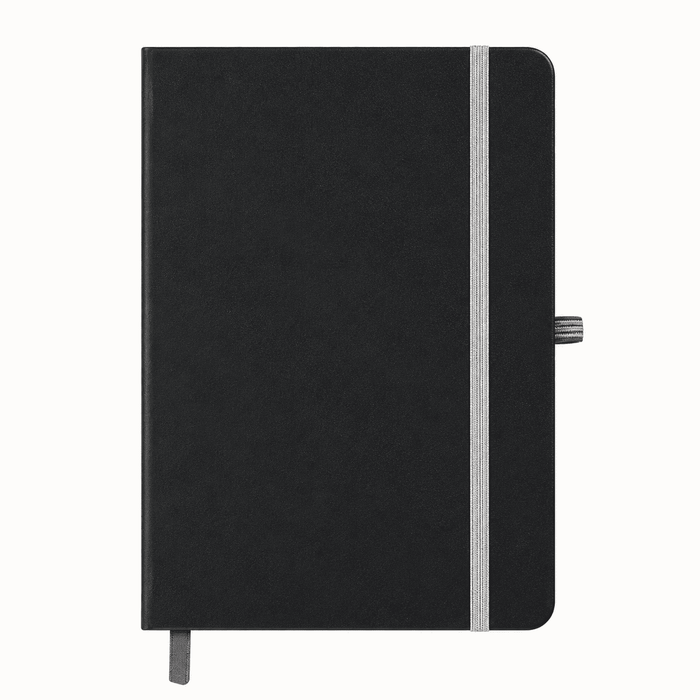 Discovery A5 Notebook - A black A5 notebook with a grey elastic band and ribbon bookmark, featuring a subtle logo on the cover.