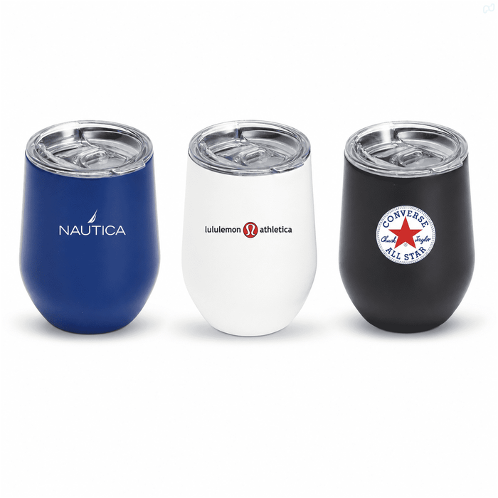 Zen Mirror Finish Mugs (350mL) - Three insulated mugs with lids in blue, white, and black, featuring different logos.