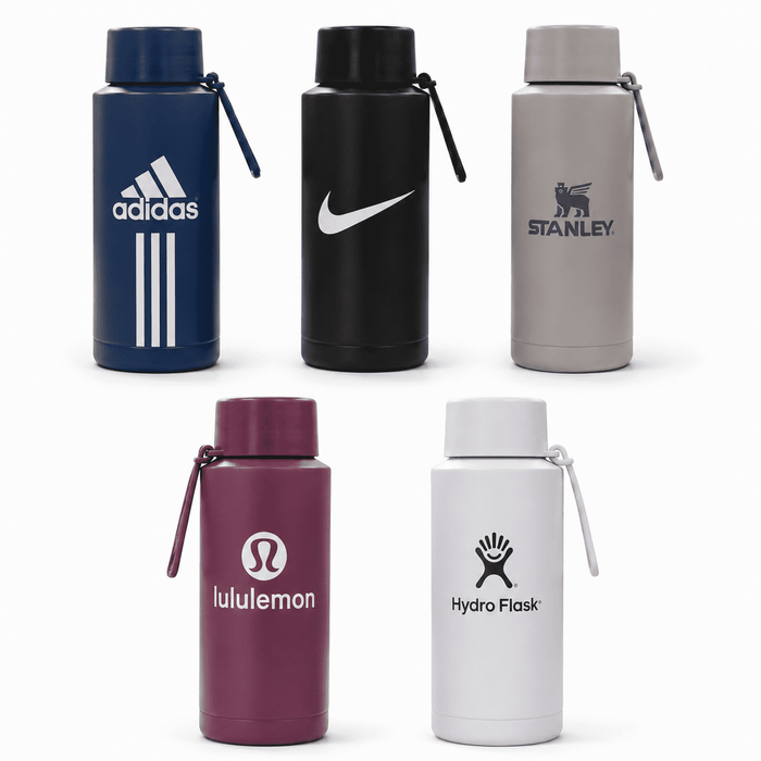 The Sofia 1L Bottle - A drink bottle collection featuring various designs in navy blue, black, grey, burgundy, and white, with logos.
