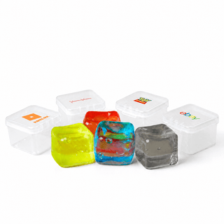 Jelly Cube Sensory Toy - A set of colourful jelly cube sensory toys in red, yellow, blue, and grey, with clear plastic containers and logos.