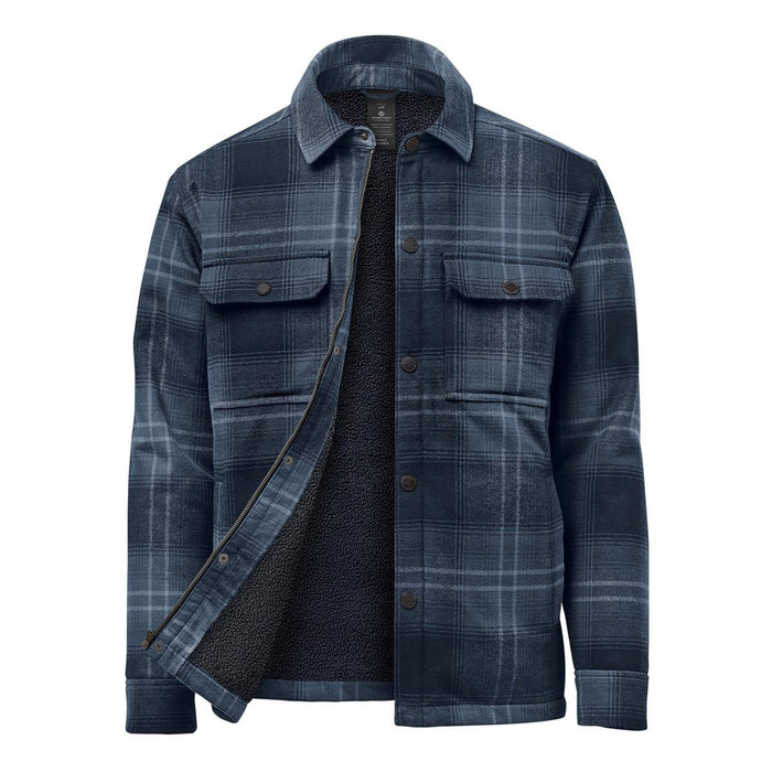 Men's Highland Sherpa Lined Plaid Jacket - A men's plaid jacket in navy with a sherpa lining and button-up front, featuring chest pockets and a collar.