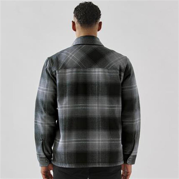 Men's Highland Sherpa Lined Plaid Jacket - A plaid jacket with a Sherpa lining in shades of grey, featuring a collar and long sleeves. The back view is shown.