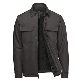Men's Oxide Sherpa Lined Canvas Jacket - A men's oxford grey jacket with a sherpa lining, featuring two chest pockets and a zip-front opening.