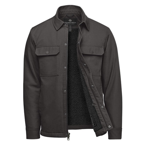 Men's Oxide Sherpa Lined Canvas Jacket - A men's oxford grey jacket with a sherpa lining, featuring two chest pockets and a zip-front opening.
