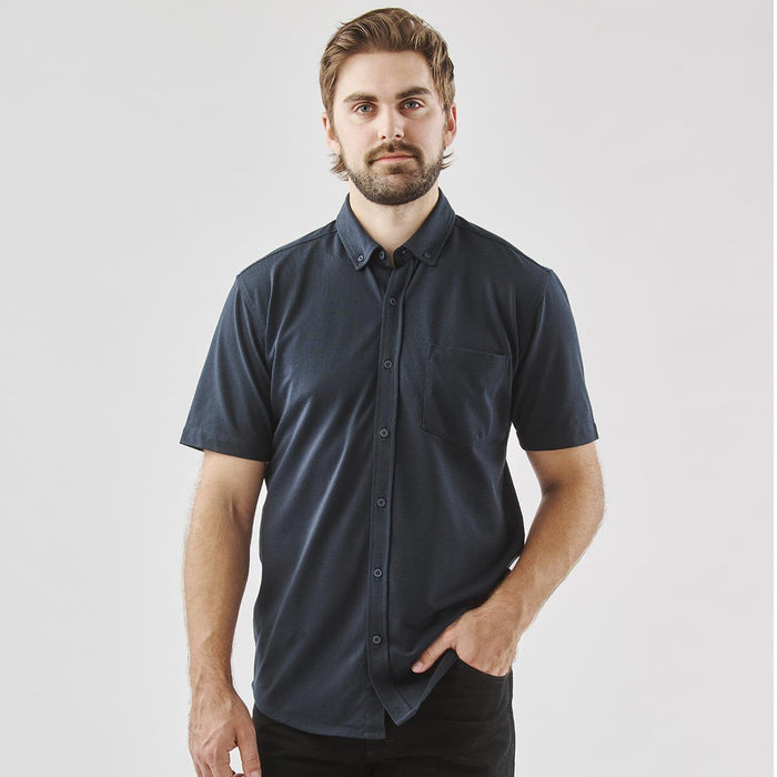 Men's Sonora Short Sleeve Knit Shirt - A navy blue men's short sleeve knit shirt with a button-up front and a single chest pocket.