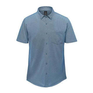 Men's Sonora Short Sleeve Knit Shirt - A short-sleeve knit shirt in shades of blue, featuring a button-up front and a chest pocket. It has a logo.