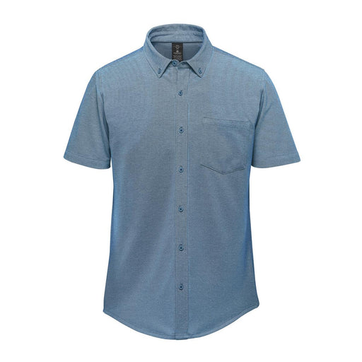 Men's Sonora Short Sleeve Knit Shirt - A short-sleeve knit shirt in shades of blue, featuring a button-up front and a chest pocket. It has a logo.