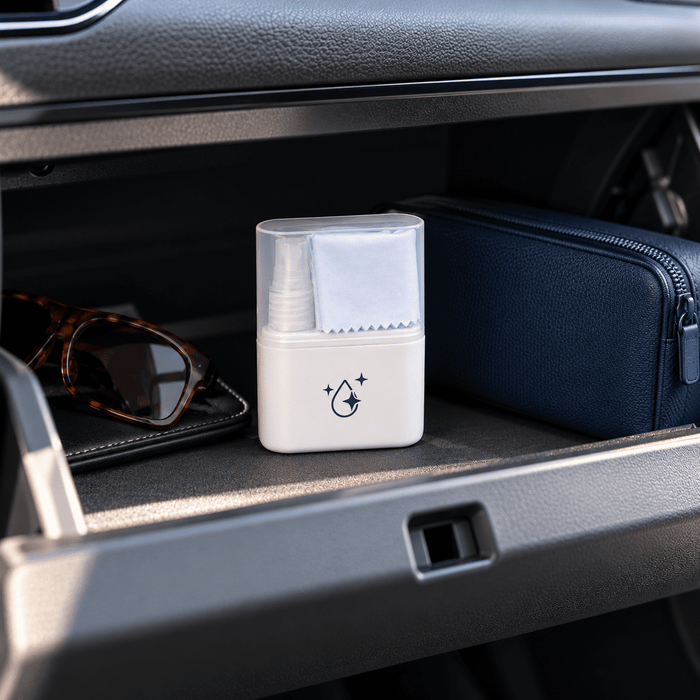 Zoe Spray & Wipe Cleanser - A white spray and wipe cleanser with a cleaning cloth, placed inside a car's glove compartment alongside sunglasses and a dark blue pouch.