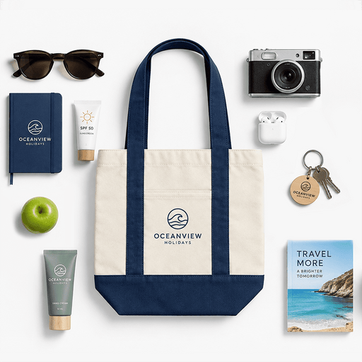 Mini Canvas Tote - A mini canvas tote in navy and cream, surrounded by sunglasses, a camera, skincare products, and a notebook.