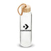Vidro 750ml Bottle - A drink bottle with a clear glass body, bamboo lid, and a logo on the front. It features a rope handle.