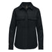 Women's Highland Plaid Shacket - A black women's shacket featuring a button front, two chest pockets, and long sleeves. There is a logo on the inside label.