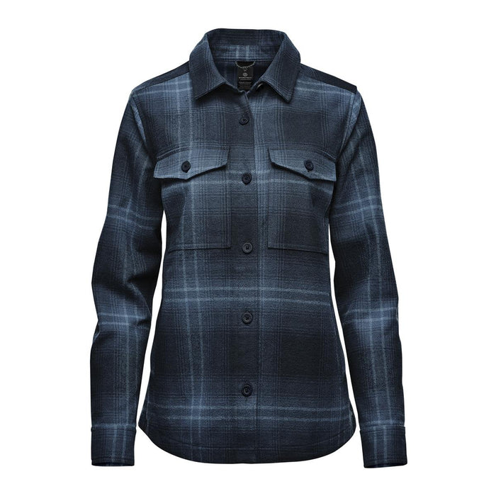 Women's Highland Plaid Shacket - A women's shacket in navy and light blue plaid featuring a button-up front and two chest pockets, with a logo.