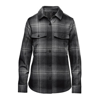 Women's Highland Plaid Shacket - A women's shacket in a black and grey highland plaid pattern, featuring a button-up front and two chest pockets.