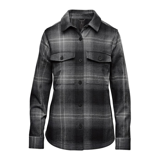 Women's Highland Plaid Shacket - A women's shacket in a black and grey highland plaid pattern, featuring a button-up front and two chest pockets.