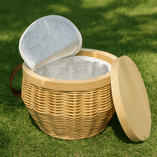 Saint-Rémy Cooler Basket - A wicker cooler basket in a natural tone with a pale lid, featuring a silver insulated interior.