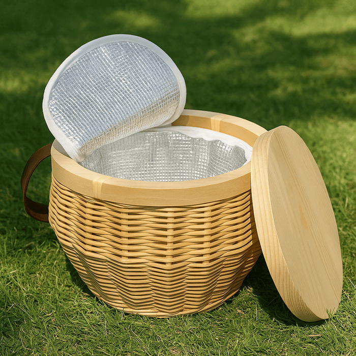 Saint-Rémy Cooler Basket - A wicker cooler basket in a natural tone with a pale lid, featuring a silver insulated interior.