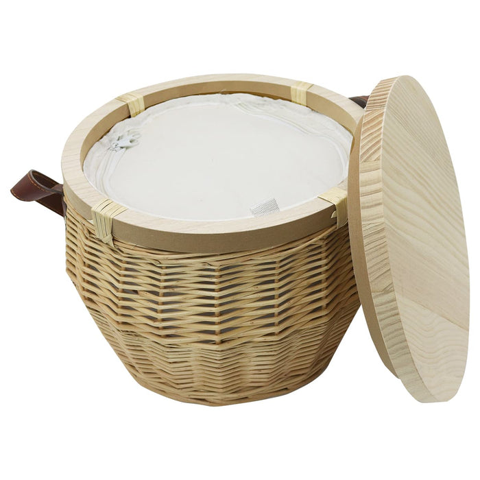 Saint-Rémy Cooler Basket - A wicker cooler basket in natural tones, with a light-coloured fabric lining and a wooden lid. It has leather handles.
