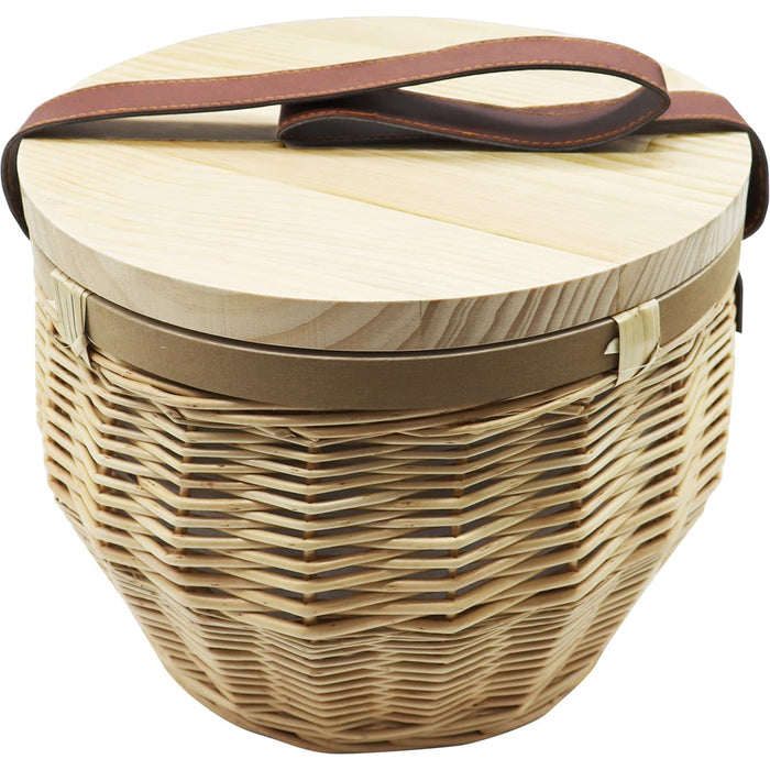 Saint-Rémy Cooler Basket - A round cooler basket in natural wood tones with a brown strap, featuring a woven design and a wooden lid.