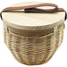 Saint-Rémy Cooler Basket - A round cooler basket in natural wood tones with a brown strap, featuring a woven design and a wooden lid.