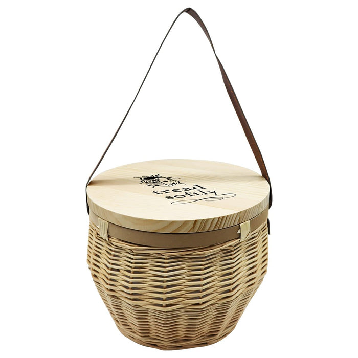 Saint-Rémy Cooler Basket - A wooden cooler basket with a circular lid, featuring a woven design and a brown strap for carrying.