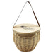 Saint-Rémy Cooler Basket - A wooden cooler basket with a circular lid, featuring a woven design and a brown strap for carrying.