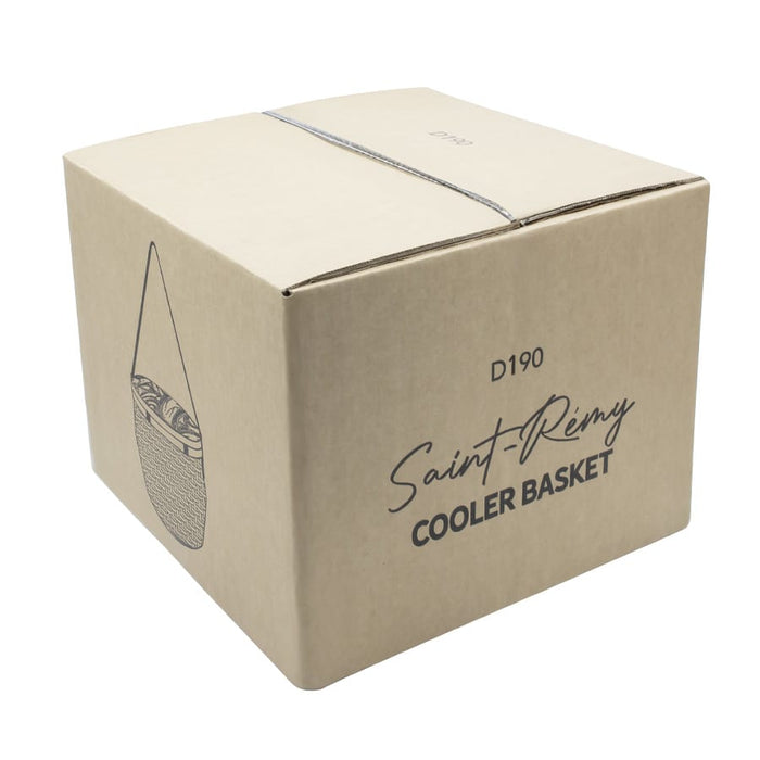Saint-Rémy Cooler Basket - A brown cardboard box featuring a cooler basket design with a logo, showcasing a woven texture.