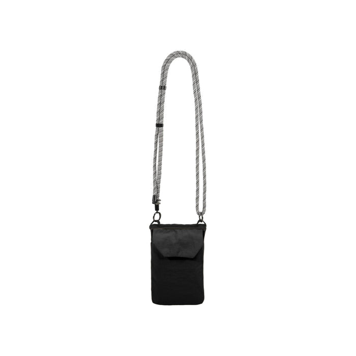 Minimalist Crossbody Phone Bag - A black minimalist crossbody phone bag with a patterned strap, featuring a front flap and one logo.