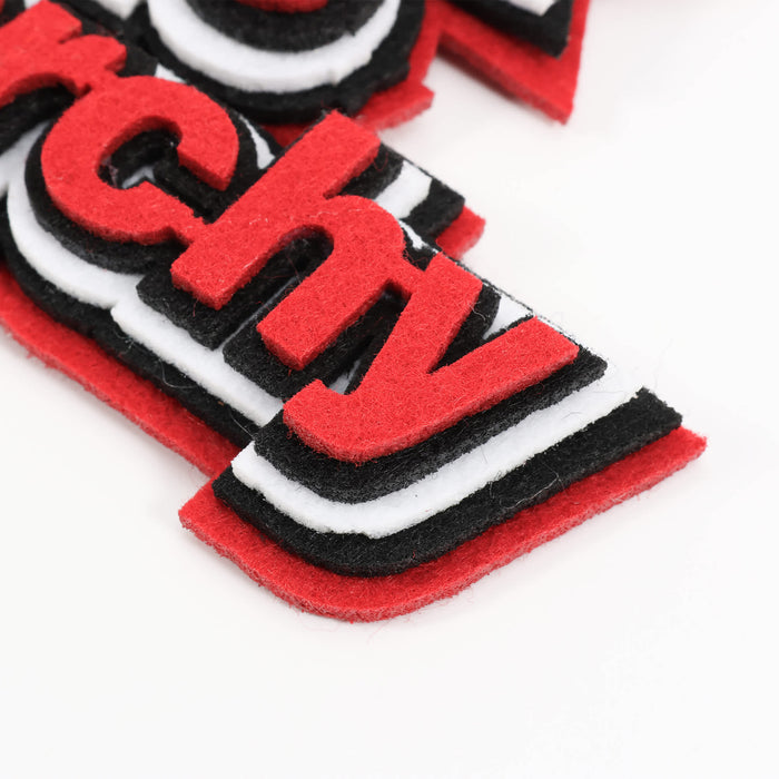 Custom Felt Logo Hanging Tag - Custom felt logo hanging tags in red, black, and white, showcasing layered design elements without visible text.