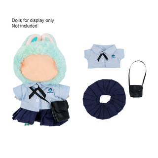 Plush Doll Uniform Set (15–17cm Doll) - A plush doll uniform set featuring a light blue shirt, navy skirt, scrunchie, and a small black handbag.