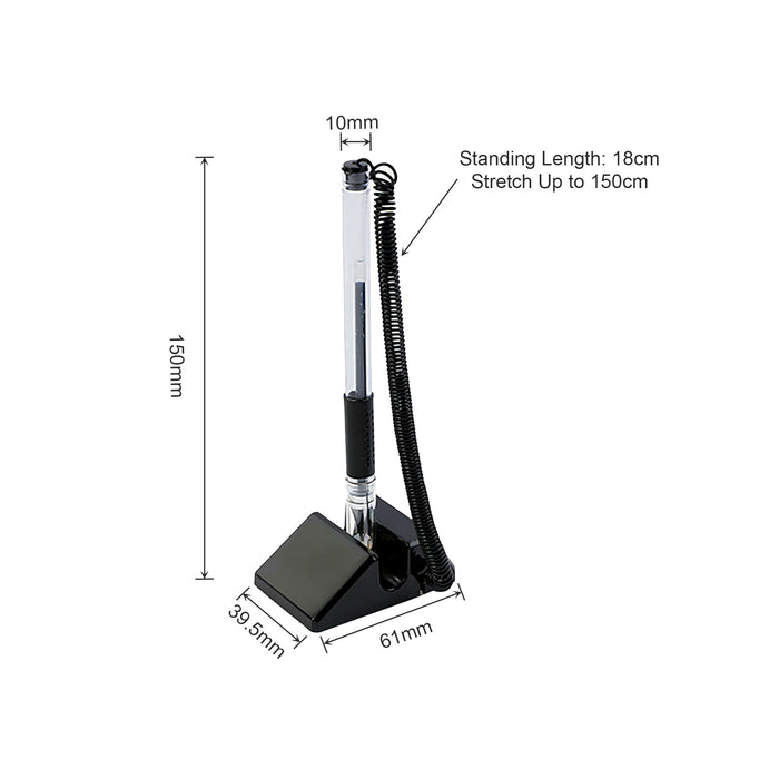 Counter Fixed Signature Pen A - A fixed signature pen in black with a clear barrel, attached to a sturdy base and coiled cord for flexibility.