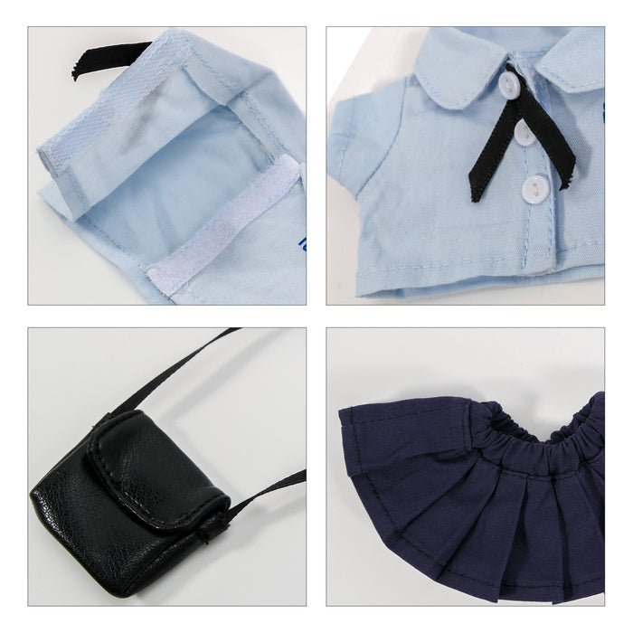 Plush Doll Uniform Set (15–17cm Doll) - A plush doll uniform set featuring a light blue shirt, a black handbag, and a dark blue skirt. Contains various pieces.