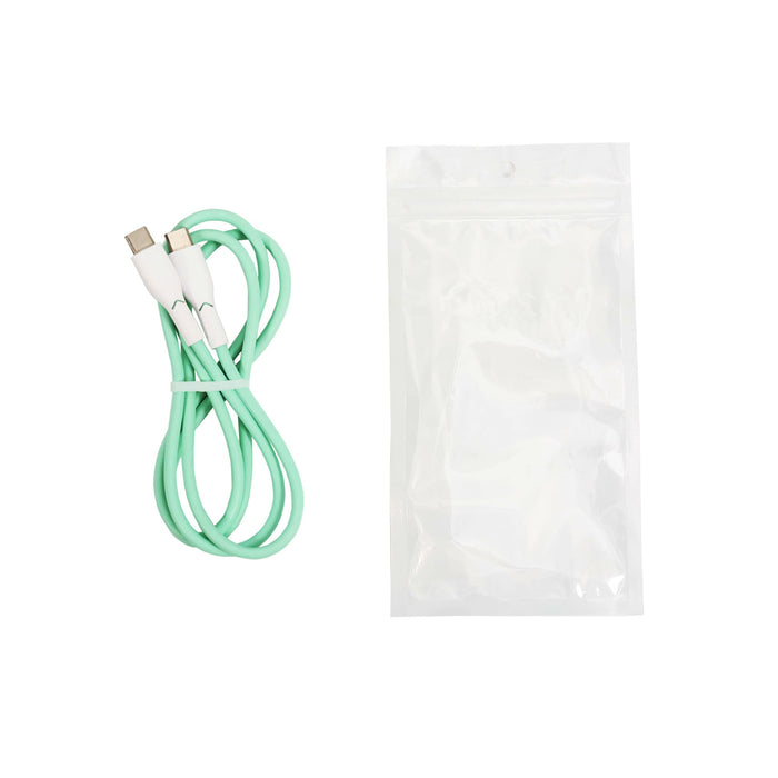 100W Fast Charging Cable - A mint green 100W fast charging cable with white connectors, packaged in a clear plastic bag.