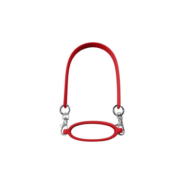 Silicone Cup Carry Strap - A drink bottle carry strap in vibrant red silicone, featuring metal clips for attachment and a rounded handle design.