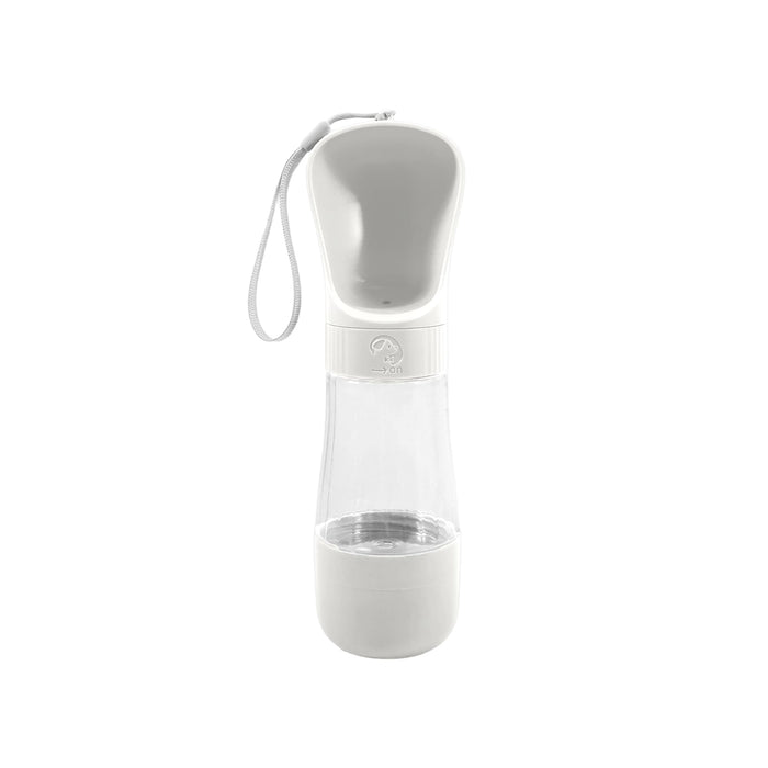 Pet Water Bottle with Food Container - A drink bottle in white with a detachable food container and a built-in carrying strap. It features a logo.