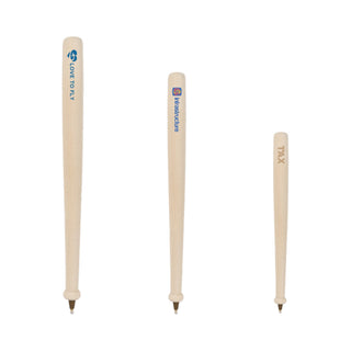Wooden Baseball Bat Shape Pen - Wooden baseball bat-shaped pens in a light colour, featuring different logos on each pen.