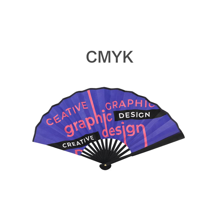 8inch Bamboo Fabric Hand Fan - An 8-inch bamboo fabric hand fan in vibrant purple, featuring creative graphic design elements and a black handle.