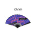 8inch Bamboo Fabric Hand Fan - An 8-inch bamboo fabric hand fan in vibrant purple, featuring creative graphic design elements and a black handle.