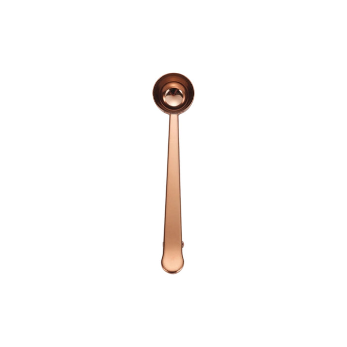Coffee Measuring Spoon With Clip - A copper coffee measuring spoon with a clip, featuring a long handle and a rounded scoop at the end.