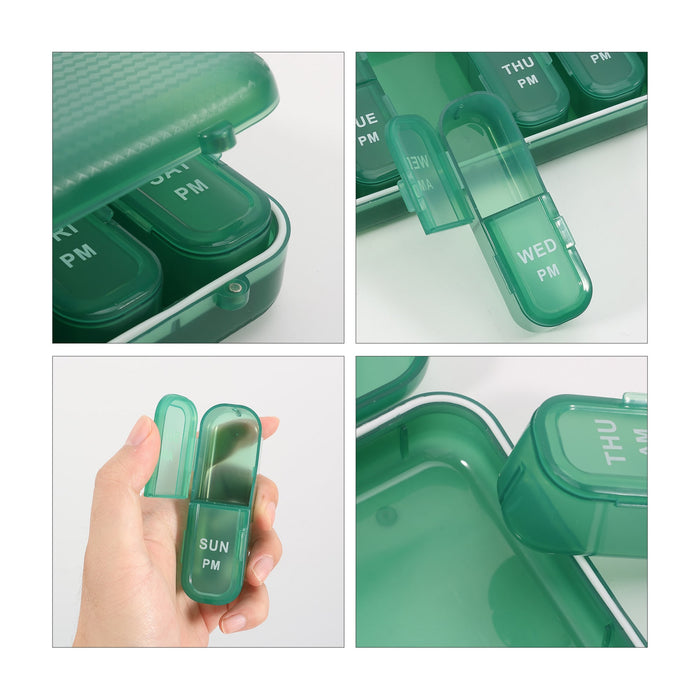 7 Day Pills Organizer - A green seven-day pill organiser with compartments for each day, featuring a clear lid and individual openings.