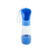 Pet Water Bottle with Food Container - A drink bottle with a blue top and base, featuring a clear body and a built-in food container. The bottle has a strap and a logo.