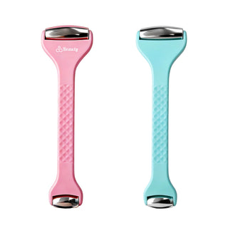 Ice Massager Roller Double Head - A double-headed ice massager roller featuring a pink and a blue handle, with a textured grip and metallic ends.