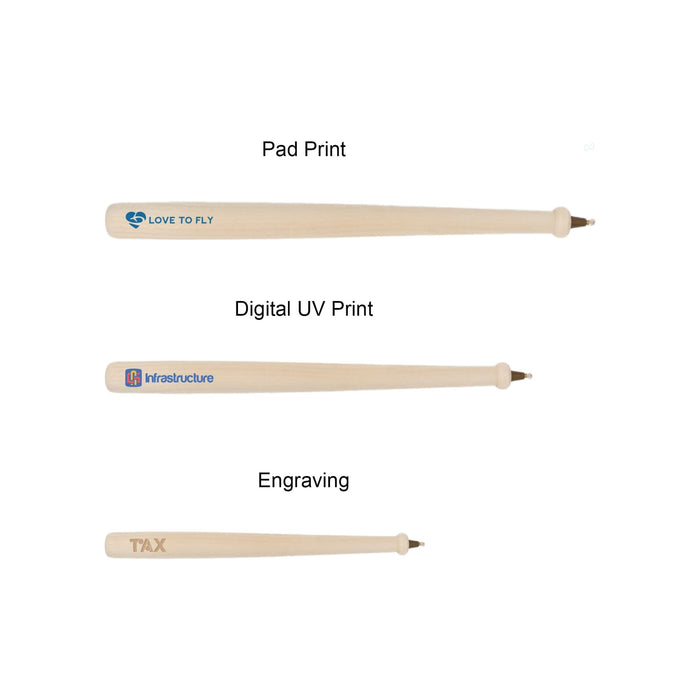 Wooden Baseball Bat Shape Pen - A wooden baseball bat-shaped pen in natural colour featuring multiple printing styles with different logos.