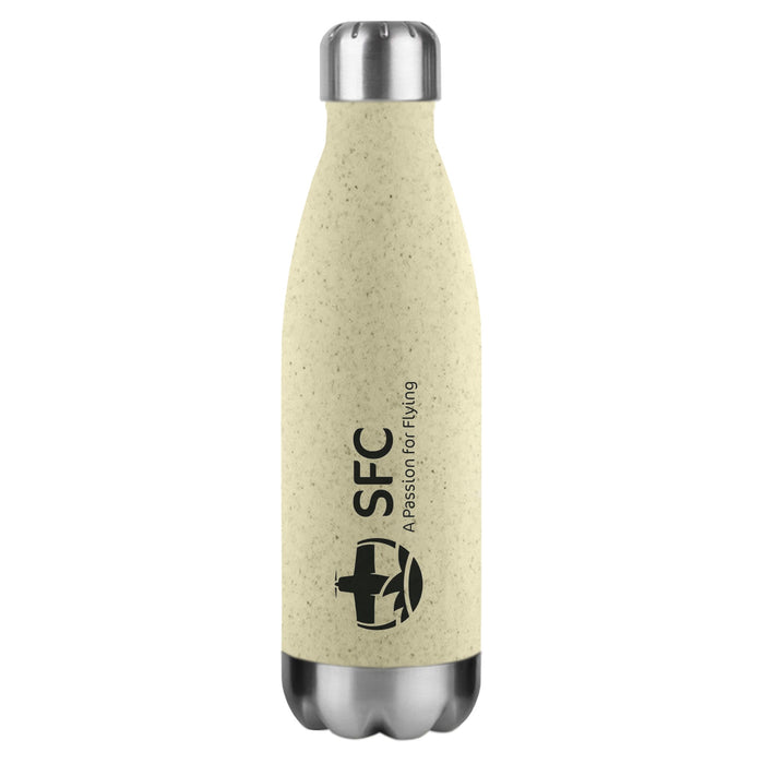 Komo Wheat Straw Drink Bottle - A drink bottle in light beige with a stainless steel cap and a logo printed on the front.