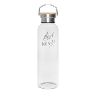 Miani Glass Bottle - A drink bottle featuring a transparent glass body, wooden lid, and stainless steel handle. It has a motivational message.
