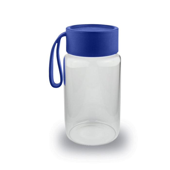 Kyoto Glass Bottle - A drink bottle with a clear body and a blue lid, featuring a handle for easy carrying.