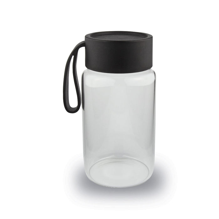 Kyoto Glass Bottle - A drink bottle with a clear glass body and a black lid, featuring a flexible handle.
