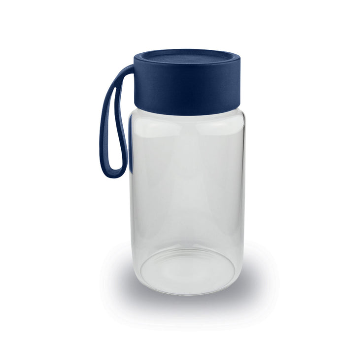 Kyoto Glass Bottle - A drink bottle in clear glass with a navy blue lid and handle. It has a smooth, minimalist design.