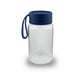 Kyoto Glass Bottle - A drink bottle in clear glass with a navy blue lid and handle. It has a smooth, minimalist design.